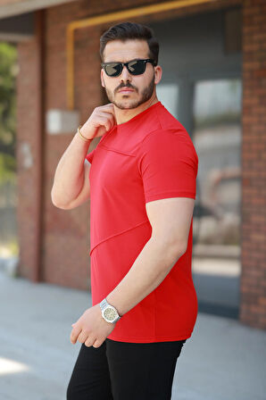 Miron Kırmızı Parçalı Dikiş Detaylı Regular Fit Kısa Kollu Tişört -2523