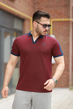 Miron Bordo Nakışlı V Polo Yaka Kısa Kollu Tişört-2524