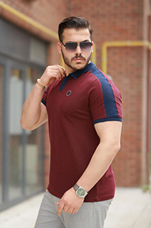 Miron Bordo Nakışlı V Polo Yaka Kısa Kollu Tişört-2524