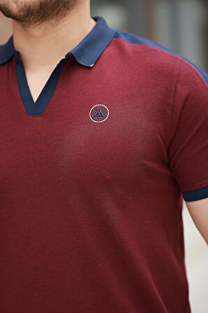 Miron Bordo Nakışlı V Polo Yaka Kısa Kollu Tişört-2524