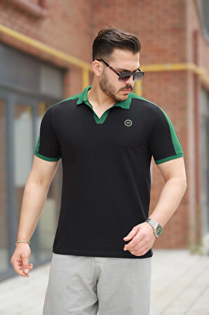 Miron Siyah Nakışlı V Polo Yaka Kısa Kollu Tişört-2524