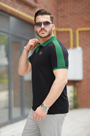 Miron Siyah Nakışlı V Polo Yaka Kısa Kollu Tişört-2524