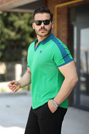 Miron Yeşil Nakışlı V Polo Yaka Kısa Kollu Tişört-2524