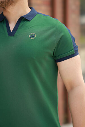 Miron Haki Nakışlı V Polo Yaka Kısa Kollu Tişört-2524