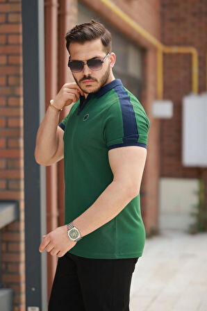 Miron Haki Nakışlı V Polo Yaka Kısa Kollu Tişört-2524