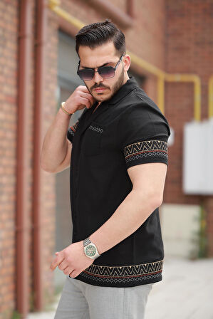Miron Siyah Nakış Detaylı Kısa Kollu Regular Fit Gömlek- 2525