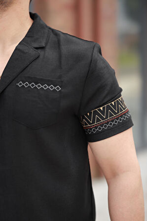 Miron Siyah Nakış Detaylı Kısa Kollu Regular Fit Gömlek- 2525