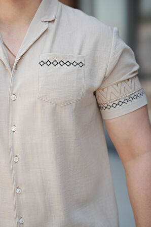 Miron Bej Nakış Detaylı Kısa Kollu Regular Fit Gömlek- 2525