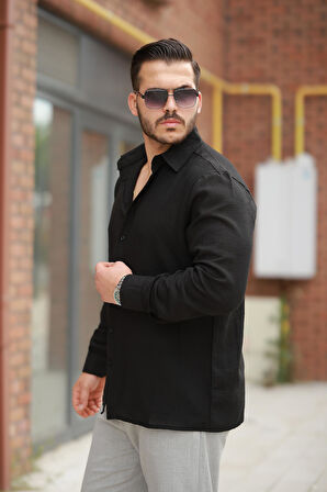 Miron Siyah Düz Uzun Kollu Regular Fit Gömlek- 2526