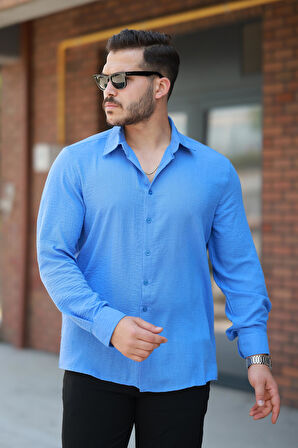 Miron Mavi Düz Uzun Kollu Regular Fit Gömlek- 2526