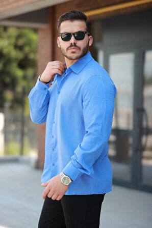 Miron Mavi Düz Uzun Kollu Regular Fit Gömlek- 2526