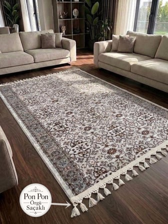 Merinos Çiçekli Otantik Pon Pon Saçaklı Krem Yeşil Kalın Kaymaz Taban Kesme Yolluk Halı