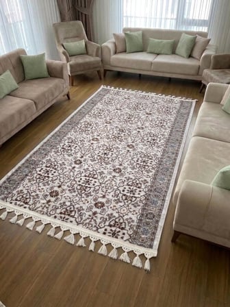 Merinos Çiçekli Otantik Pon Pon Saçaklı Krem Yeşil Kalın Kaymaz Taban Kesme Yolluk Halı