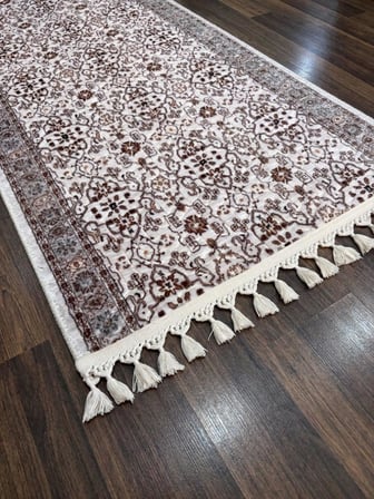 Merinos Çiçekli Otantik Pon Pon Saçaklı Krem Yeşil Kalın Kaymaz Taban Kesme Yolluk Halı