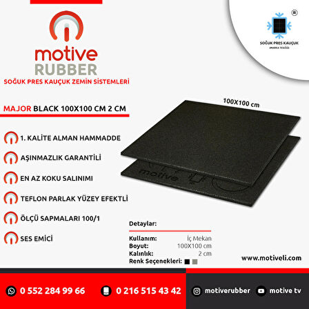 Motive Rubber Soğuk Pres Majör Black 100x100 cm 2 cm Profesyonel Aşınmazlık Garantili Soğuk Pres Kauçuk Zemin 1 Adet