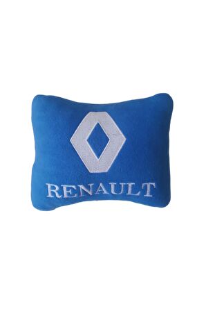 Renault Uyumlu Beyaz Nakışlı Mavi Polar Ortopedik Araç Seyahat Boyun Yastık / Tekli