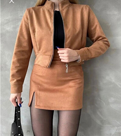 Meros Atelier Nubuk Süet Crop Ceket ve Mini Süet Yırtmaçlı Etek Alt Üst Takım