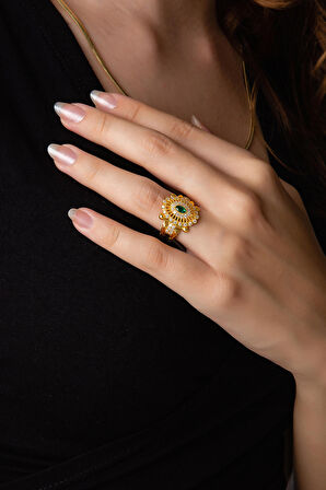 Yaldızlı Özel Tasarım Yeşil Taşlı Yüzük