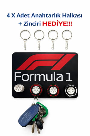 Formula 1 Tasarım Anahtarlık Askılığı – 4 Lastik Anahtarlık + 4 Adet Anahtarlık Zinciri ve Halkası