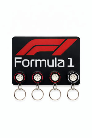 Formula 1 Tasarım Anahtarlık Askılığı – 4 Lastik Anahtarlık + 4 Adet Anahtarlık Zinciri ve Halkası