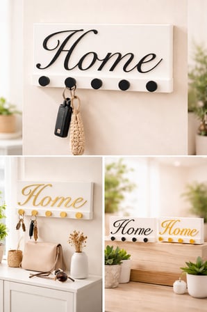 Home Yazılı Duvar Anahtarlığı | 5 Askılı Dekoratif Anahtar Askısı | Siyah & Gold Renk Seçenekli |