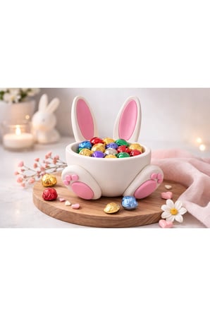 Tavşan Kulaklı Dekoratif Şekerlik – Pembe Beyaz Bunny Tasarım Çikolata Kasesi – Masaüstü Dekoratif