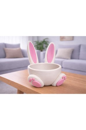 Tavşan Kulaklı Dekoratif Şekerlik – Pembe Beyaz Bunny Tasarım Çikolata Kasesi – Masaüstü Dekoratif