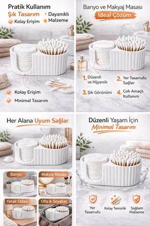 Pamuk Ped ve Pamuklu Çubuk Organizer | 2 Bölmeli Makyaj Düzenleyici | Şık ve Modern Masaüstü