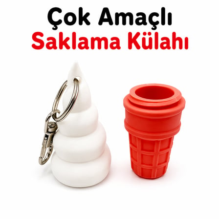 🍦 Mini Saklama Külahı Anahtarlık – Döner Kapaklı – Sert Plastik – Gizli Hazneli