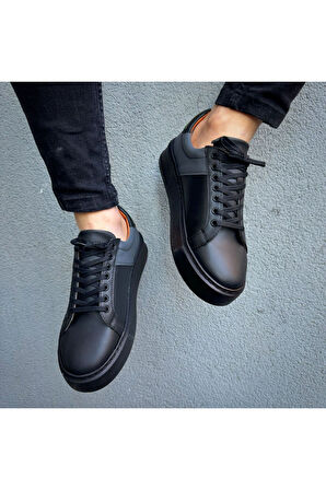 Siyah Cilt Ithal Suni Deri Yüksek Taban Günlük Bağcıklı Erkek Sneaker Ayakkabı Mrt00419