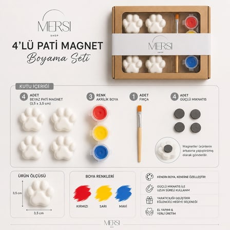 4’lü Pati Magnet Boyama Seti – 3 Renk Akrilik Boya ve Fırçalı Kendin Boya Hobi Seti