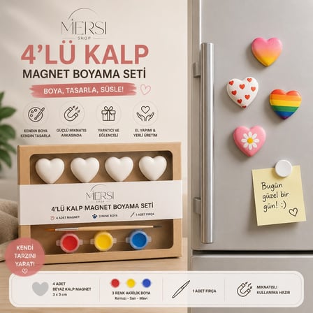 4’lü Kalp Magnet Boyama Seti – 3 Renk Akrilik Boya ve Fırçalı Kendin Yap Hobi Seti