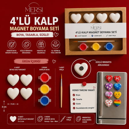 4’lü Kalp Magnet Boyama Seti – 3 Renk Akrilik Boya ve Fırçalı Kendin Yap Hobi Seti