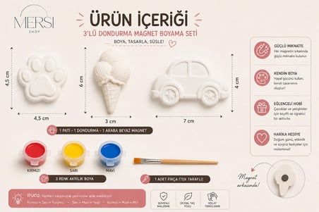 3’lü Magnet Boyama Seti – Araba Pati Dondurma Figürlü Akrilik Boya ve Fırçalı Hobi Seti