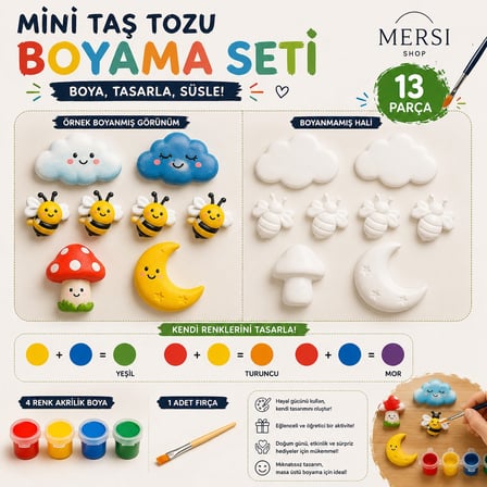 13 Parça Mini Taş Tozu Boyama Seti – 8 Figür, 4 Renk Akrilik Boya ve Fırçalı Hobi Set