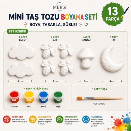 13 Parça Mini Taş Tozu Boyama Seti – 8 Figür, 4 Renk Akrilik Boya ve Fırçalı Hobi Set