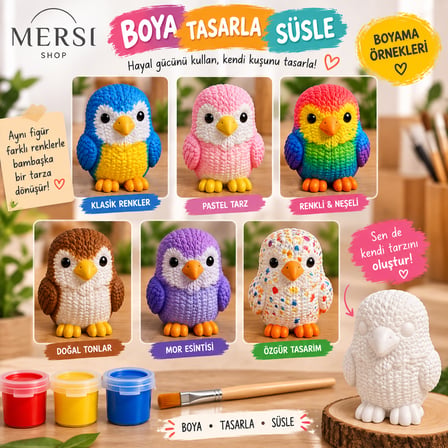 Kendi Kuşunu Boya Seti 2’li Taş Tozu Figür 3 Renk Boya ve Fırçalı Hobi Boyama Seti