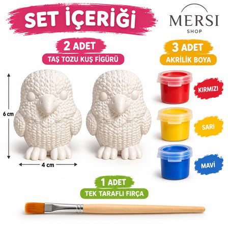 Kendi Kuşunu Boya Seti 2’li Taş Tozu Figür 3 Renk Boya ve Fırçalı Hobi Boyama Seti