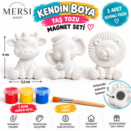 Kendin Boya 3’lü Hayvan Magnet Seti Taş Tozu Figür 3 Renk Boya ve Fırçalı Hobi Seti