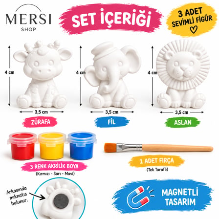 Kendin Boya 3’lü Hayvan Magnet Seti Taş Tozu Figür 3 Renk Boya ve Fırçalı Hobi Seti