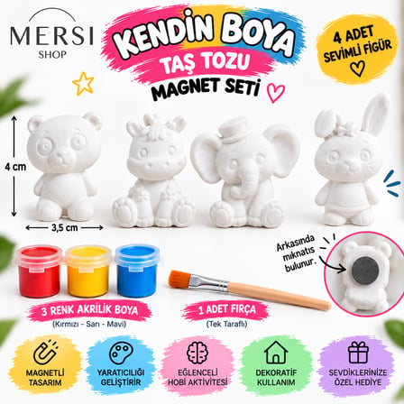 4’lü Kendin Boya Taş Tozu Magnet Seti – Hayvan Figürleri, 3 Renk Boya ve Fırça