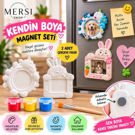2’li Kendin Boya Taş Tozu Magnet Seti Tavşanlı Çerçeve Figürleri Boyama Hobi Seti