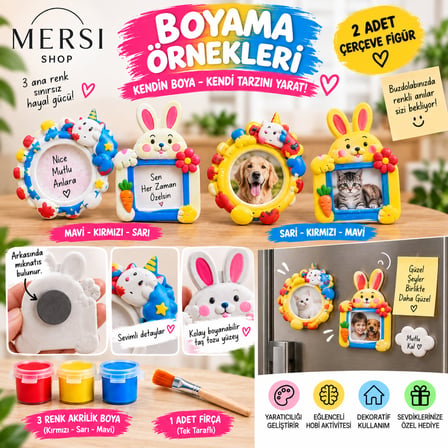 2’li Kendin Boya Taş Tozu Magnet Seti Tavşanlı Çerçeve Figürleri Boyama Hobi Seti