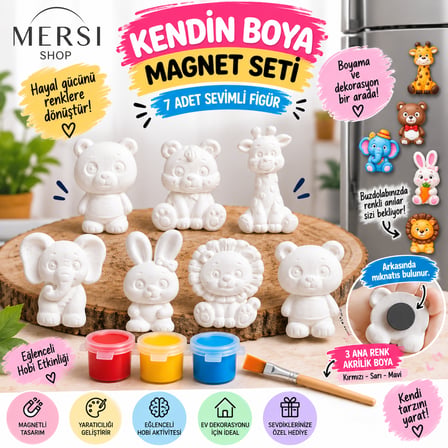 7’li Kendin Boya Magnet Seti Taş Tozu Figürler 3 Renk Boya ve Fırçalı Hobi Seti