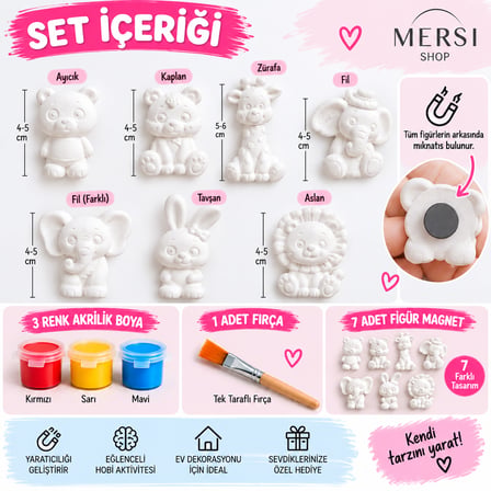 7’li Kendin Boya Magnet Seti Taş Tozu Figürler 3 Renk Boya ve Fırçalı Hobi Seti
