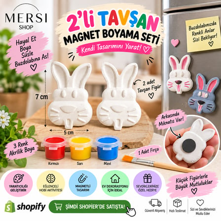 2’li Tavşan Magnet Boyama Seti Taş Tozu Kendin Boya 3 Renk ve Fırçalı Hobi Seti 7x5 cm