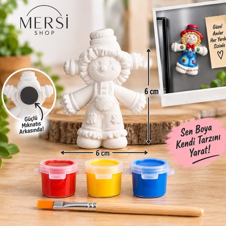 Kendin Boya Magnet Seti 6x6 cm Taş Tozu Figür 3 Renk Akrilik Boya ve Fırça