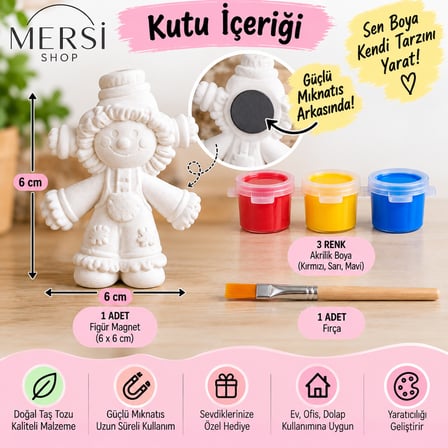 Kendin Boya Magnet Seti 6x6 cm Taş Tozu Figür 3 Renk Akrilik Boya ve Fırça