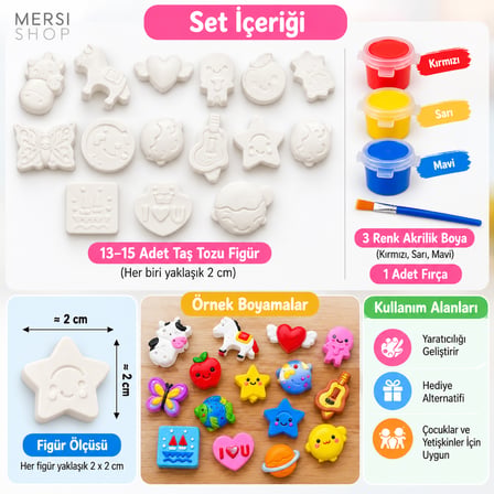 Kendin Boya Minik Figür Boyama Seti 2 cm Taş Tozu Figürler 3 Renk Boya ve Fırça