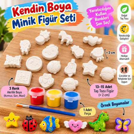 Kendin Boya Minik Figür Boyama Seti 2 cm Taş Tozu Figürler 3 Renk Boya ve Fırça